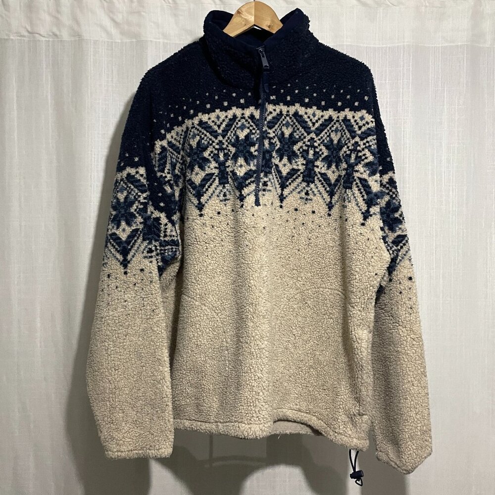 Columbia Jacket, Blue + Cream 1/2 Zip Sherpa Snowflake USA 90s, Size XL